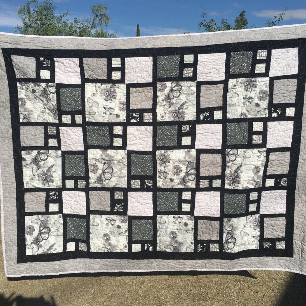 Butterflies Galore Quilt 48"x63" – Gray & Black Handmade Patchwork Throw Blanket